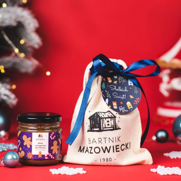 Zestaw świąteczny z miodem 250 g w lnianym worku z biletem i wstążką - Bartnik Mazowiecki