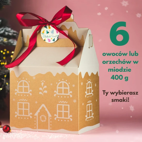 Zestaw świąteczny 6 owoców lub orzechów w miodzie 400g w pudełku domek - Bartnik Mazowiecki