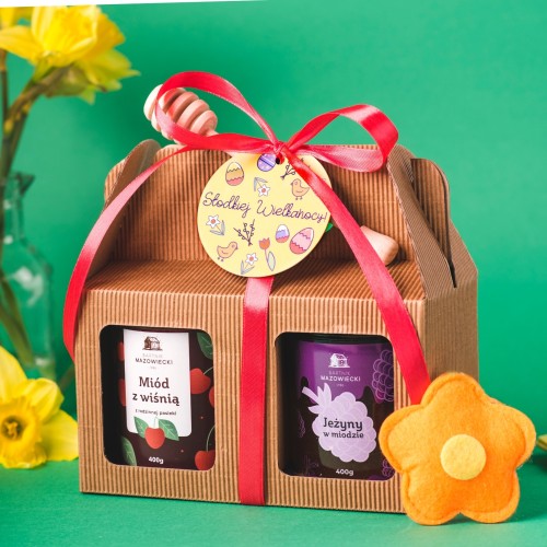 Zestaw miodów i owoców w miodzie na Wielkanoc 2 x 400 g w tekturowym pudełku  