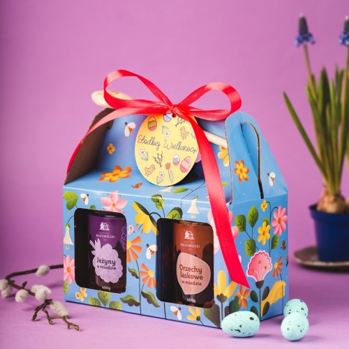 Zestaw 2 x 400 g owoce i orzechy w miodzie na Wielkanoc w niebieskim pudełku w kwiaty  