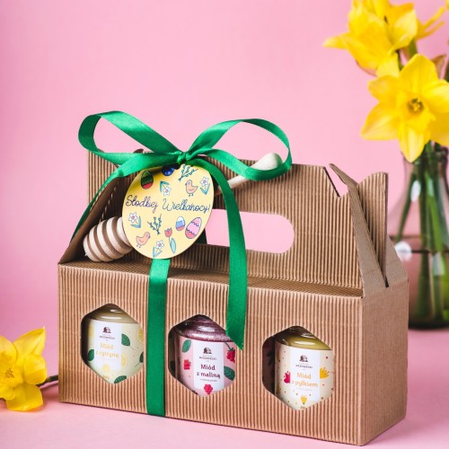 Zestaw  miodów na Wielkanoc  3  x 250 g  tekturowe pudełko z rączką 