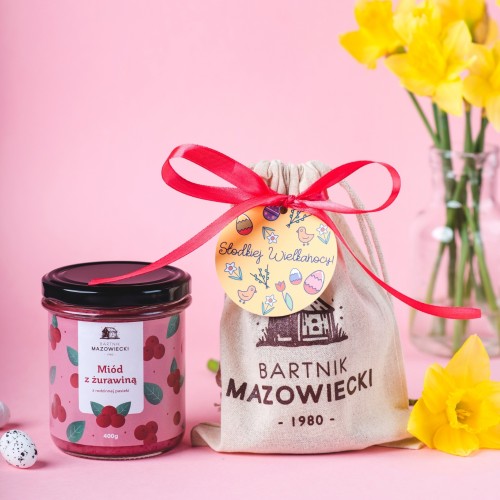 Zestaw na Wielkanoc  z miodem 400g w lnianym worku z biletem i wstążką  